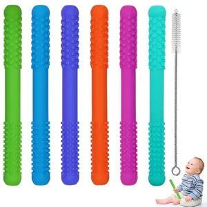 Teething Tubes Toys for Babies Girls Boys, 6 Pack Silicone Baby Teether Toy Tube for Infants with Nursing Biting Chewing, Chew Straws for Toddlers 6-12 Months