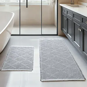 Waffle Bath Mat Set, Non-Slip Bathroom Rug Set 2-Piece, Super Absorbent Long Bathroom Carpet Runner for Bathroom Decor, Machine Washable Bohemian Mat, Gray and White, 50.8 cm × 114.7 cm Plus 45.7 cm × 76.2 cm