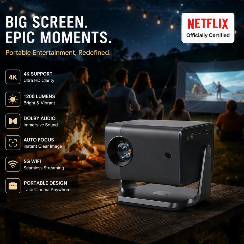 VOPLLS A6 Netflix Officially Certified Smart Projector - 4K Support, 1200 Lumens, Dolby Built-in Audio, Auto Focus, WiFi, Bluetooth, Speaker, Portable Full HD, Hanging Home Cinema for Bedroom with Cleaning Kit