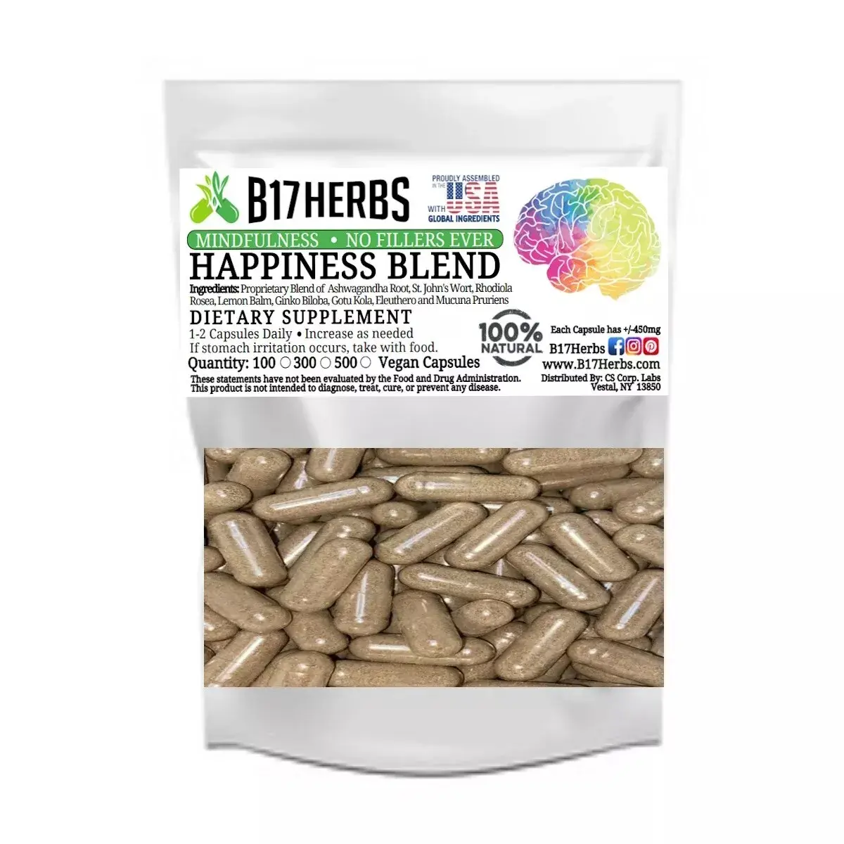 Happiness Blend - Wort, Rhodiola, Lemon Balm, Ashwagandha, Ginko, Gotu Kola 100 Veggie Capsules