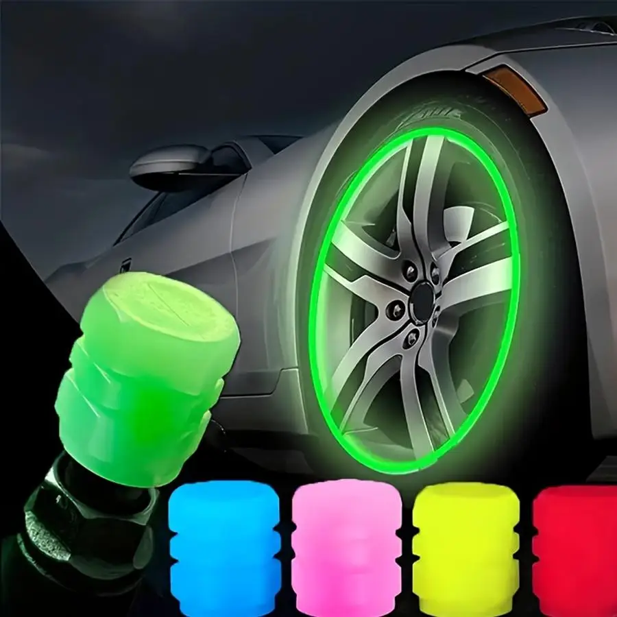 Luminous Valve Cap, 4 Counts Tire Air Cap, for Bike, SUV, Fluorescent Night Glowing Car Motorcycle Bicycle Wheel Tyre HUB Luminous Valve Stem Cap, Veh