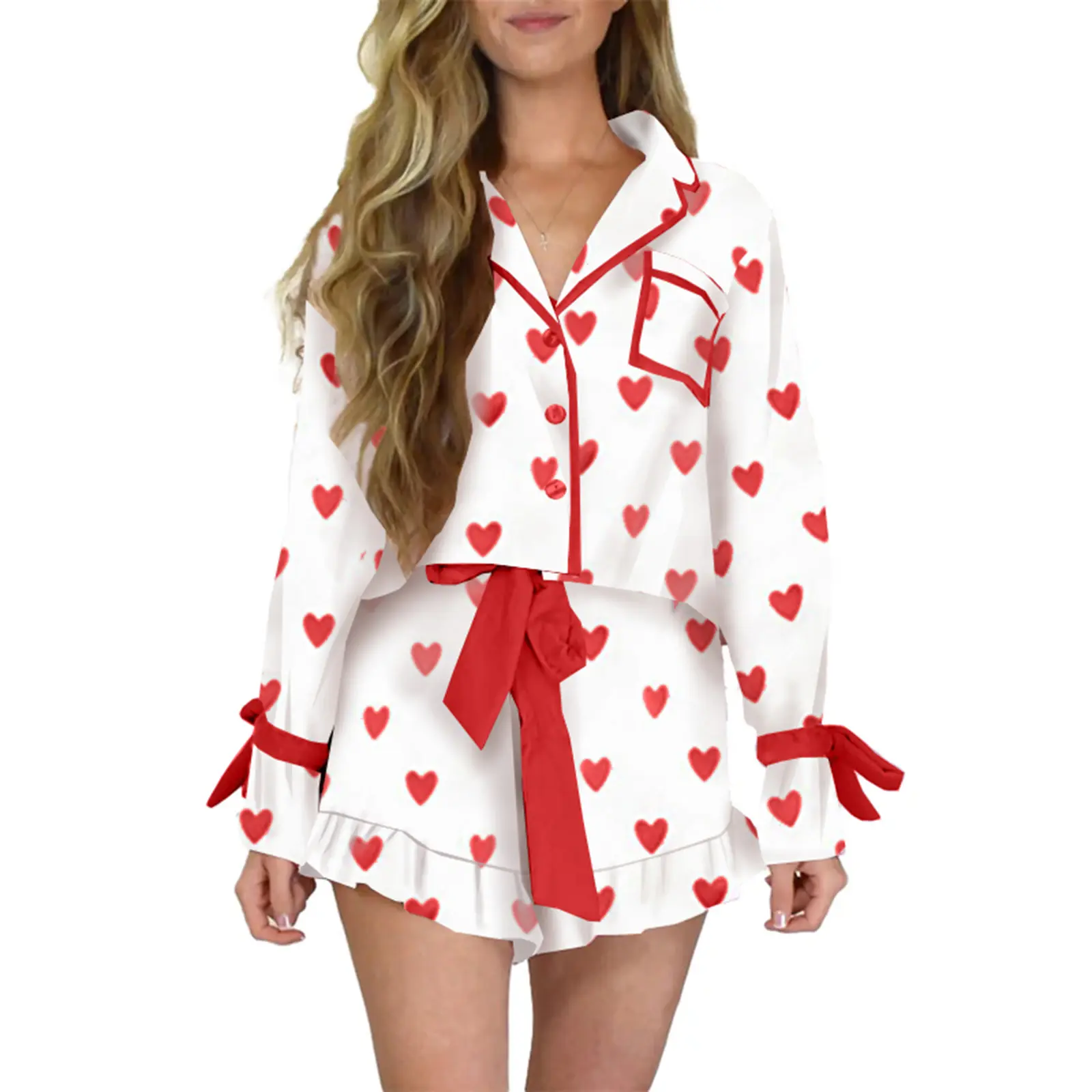 Mommy & Me Matching Valentine's Day Pajama Sets - Women's & Girls' 2-Piece Heart Print Long Sleeve Button-Down Tops & Shorts Pjs, Loungewear Pyjamas Pants Sleepwear, Longsleeves, Ruffled, Matching Set