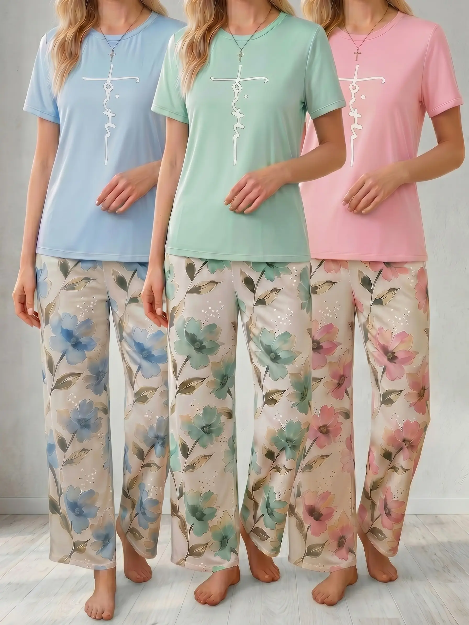 Women's 2-Piece Printed Nightwear Set, Shortsleeve Elegant Casual Style Floral Pajamas with Loose Wide-Leg Pants, Lightweight Soft High-Elastic Fabric, 3 Colors, All-Season Home Leisure Wear