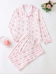 Elegant Floral Pattern Long Sleeve Pajamas Set, Light Button-Up Top and Pants, Casual Fitted Sleepwear, Matching Pyjamas for Spring & Fall
