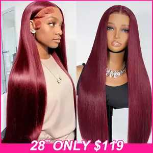 [28'' only $119] 99J Burgundy 13×6 Lace Frontal Wig 100% Human Hair Wigs 180% Density Straight Wigs Pre-Cut Lace Pre Plucked Natural Hairline For Black Women