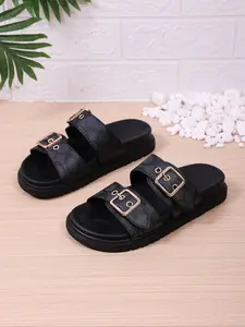 Women's Thick Sole Toe-Open Sandals, Adjustable Buckle Design, Pu Leather Slides, Comfortable Casual Slippers, Perfect for Summer Daily Shopping and Outdoor Activities
