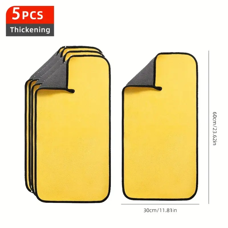 5-strip double-sided coral fleece microfiber cleaning cloth, highly absorbent reusable Car Wash Towel, two-color design (yellow and gray), square, suitable for home, kitchen, car, bathroom, glass cleaning, dishcloths