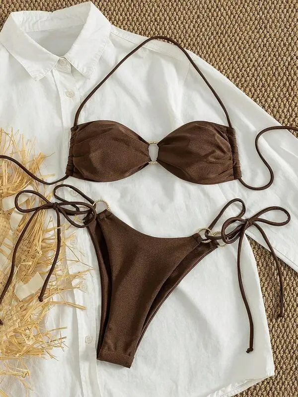 Women's Solid Ruched Bikini Set, Tie Back Halter Triangle Swim Top & Tie Side Swim Bottom, Ladies Summer Swimwear Sets for Beach Holiday Vacation Bikinis Set