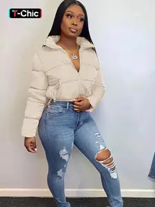 Women's Plain Pocket Full Cropped Winter Coat Jackets, Warm Comfy Long Sleeve Zipper Puffer Coat Casual Chic Outerwear for Fall & Winter, for Daily Streetwear Casual, Winter Clothes Women Womenswear, Please Purchase A Size Up