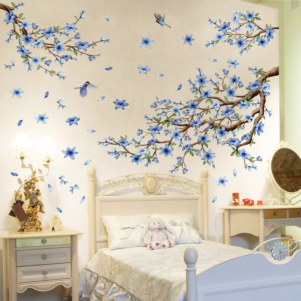 A set of two (30*90cm*2pcs) creative blue branch, flower and bird spring Decorative Wall Sticker, Floral Pattern Sticker wall stickers for living room, bedroom, study and bathroom decoration Interior Wall Decor background wall decals (MS11008-ZY)