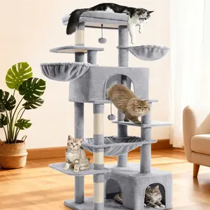 Large multi-level cat tree tower, indoor cat activity center with sisal scratching posts, cozy cat condo, soft hammocks and perches for multiple cats