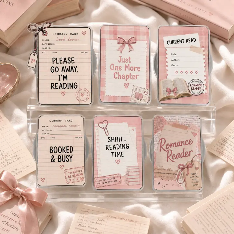 Book Lovers Acrylic Phone Grip, Pink Romance Reader Low-Profile Phone Stand, Cute Library Card Reading Accessory Gift, 6 Styles