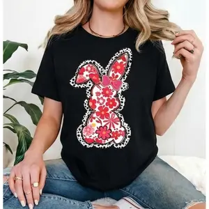 Casual Womens Round Neck Short Sleeve T Shirt With Easter Bunny Bow And Colorful Swirls Print Perfect For Spring Festivals And Holiday Gifting
