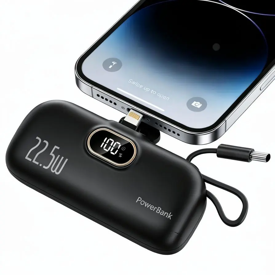 Ultra Compact 5000mAh Portable Power Bank, 22.5W High Speed Fast Charge Mini Battery with Digital Screen, Integrated Built-in Cable, Pocket-Size Lightweight Charger for Travel & Daily Commute