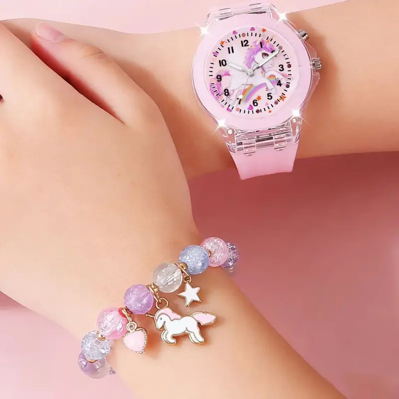 Cute Unicorn Design Watch & Bracelet Set, Fashionable Analog Quartz Wrist Watches & Jewelry Set for Girls, Trendy Versatile & Exquisite Watch Set for Birthday Gifts, Casual Wristwatch Set