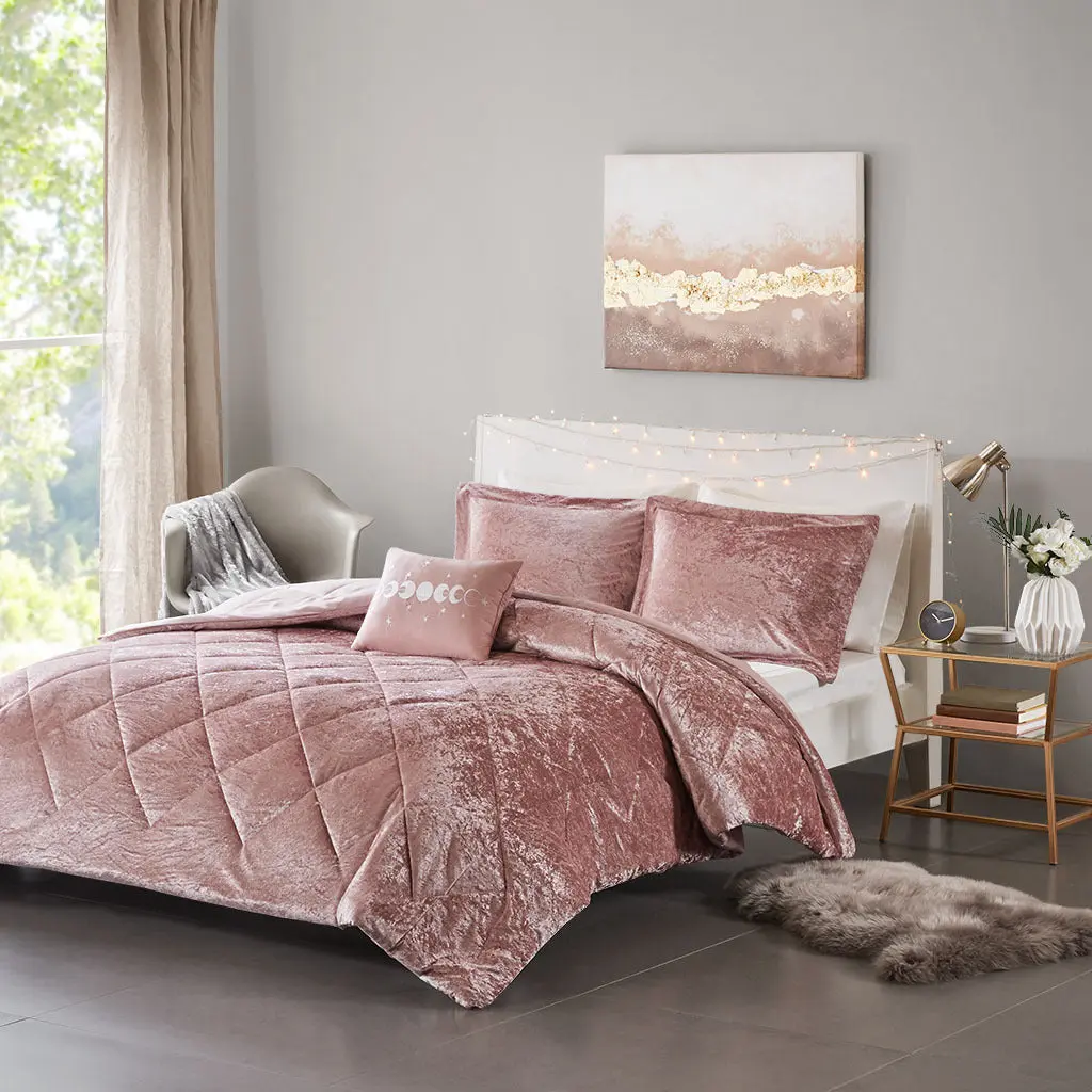 Blush Crushed Velvet 5-Piece Full-Queen Bedding Comforter Set - 100% Poly Fill, Hypoallergenic, Diamond Quilting, Throw Pillow, Steam Iron Compatible, Machine Washable, Modern Microfiber Design, Five Pieces