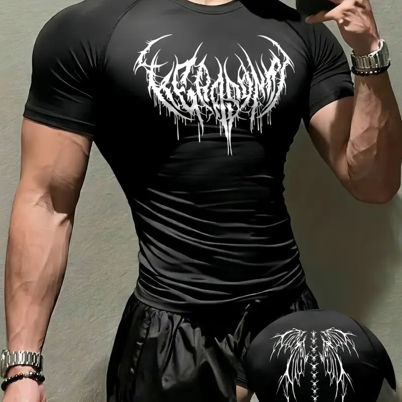 Men's Quick-Dry Compression T-Shirt, Short Sleeve, Cool Graphic Print, High Stretch, Breathable & Sweat-Wicking, Ideal for Gym, Running, Outdoor Training & Casual Wear, Workout Shirts