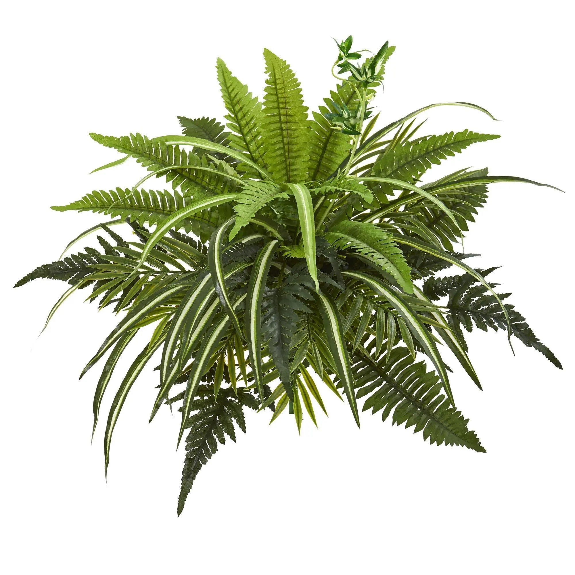 22 In Artificial Faux Greenery Mixed Greens & Fern Bush Set (3 Pcs) - Realistic Fronds Plant Decor for Home, Bathroom, Office Spaces