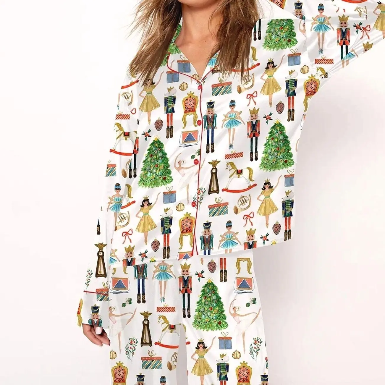 Christmas Nutcracker Pajama Set For Women Print Comfy Satin Sleepwear & Loungewear Pjs Short Sleeve Top & Bottoms Shorts Without Pockets - SHESHOW