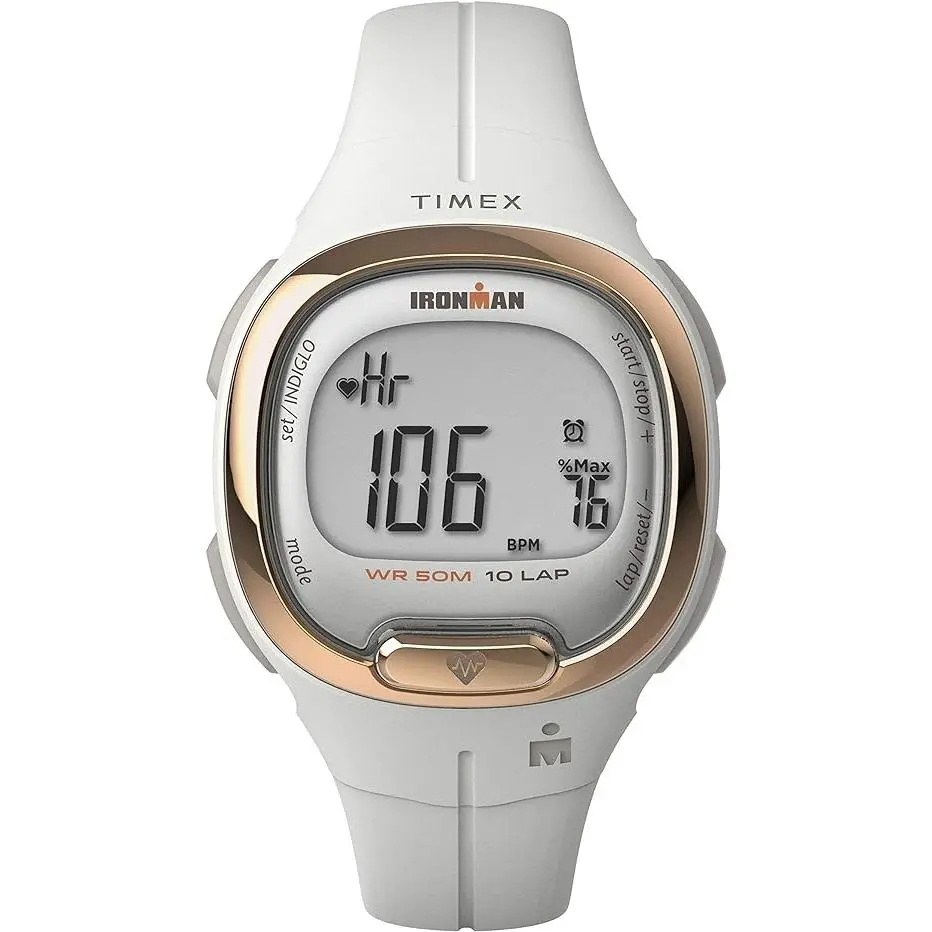 TIMEX T10 Women's Casual Fashion Quartz Watch, Rose Gold-Tone Resin Case with White Strap, INDIGLO Backlight, 50m Water Resistant, TW5M40400, Analog Quartz Watches, Casual Fashion Watch