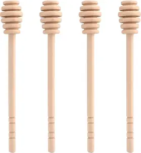 NO.BRAND Wooden Honey Ladle Wand Set, 4-Piece 6.3in Kitchen Utensil with Deep Groove, Long Handle for Jars, Tea Use