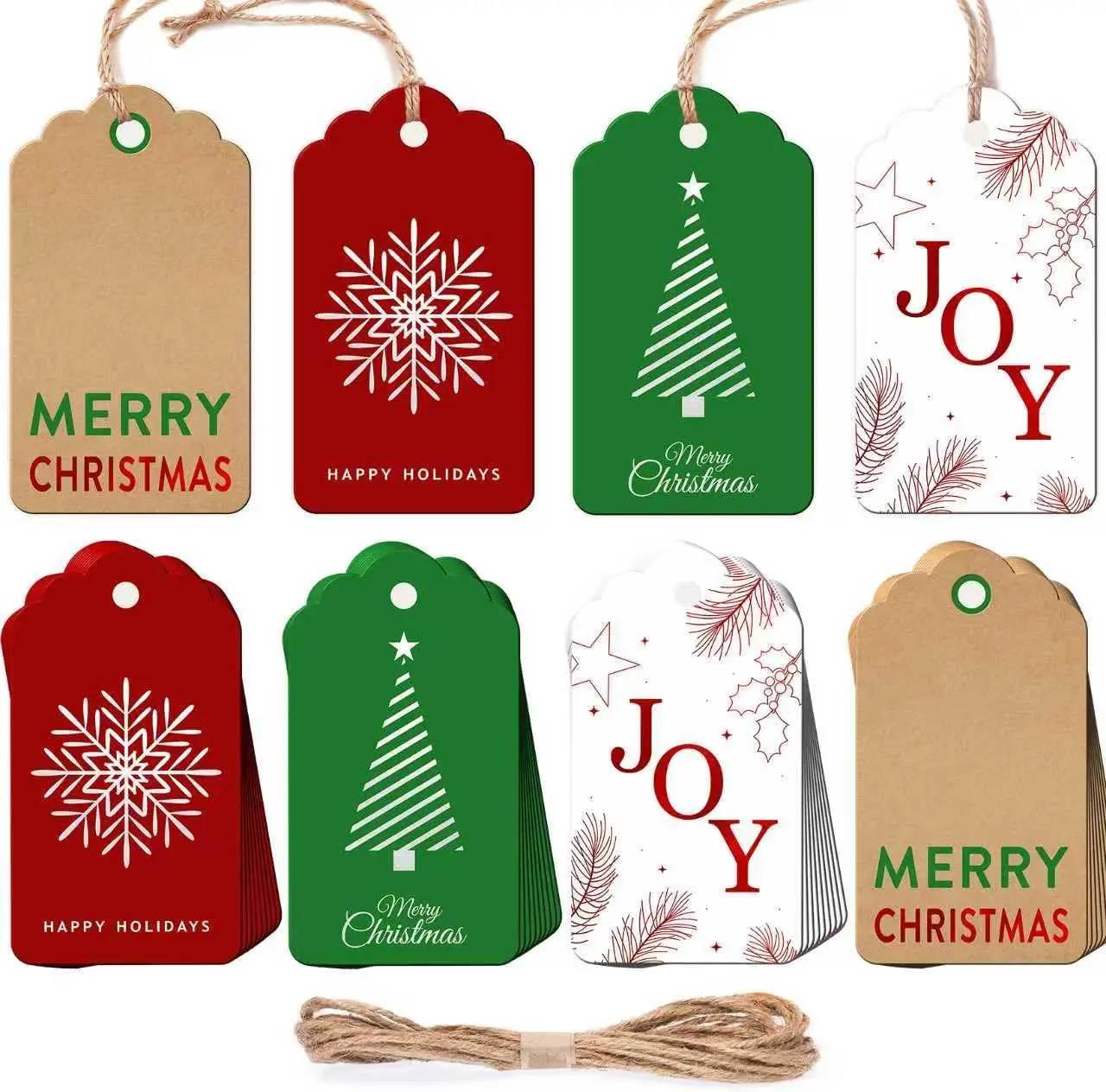 48 pcs Christmas Gift Tags for Presents, Elegant Kraft Name Tags with String for Holiday Personalizing Gift Wrapping(Red Joy, Green Christmas Tree)