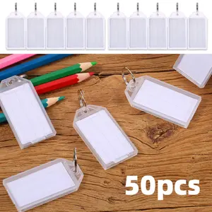 Set of 50 Durable Plastic Key Tags with Circular Blank Name Tags - Reusable Key ID Labels for Home, Office, Travel Luggage Organization - Clear Customizable Tags for Easy Identification