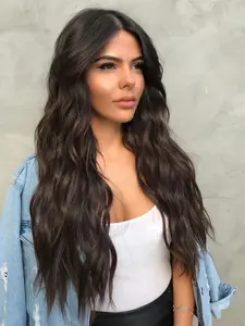 Women's 26 Inch Natural Black Long Curly Wave Synthetic Wig, Dark Brown Color Deep Wavy, Lace Front Wig ,  Free Parting, High Temperature Fiber, Daily & Party Use