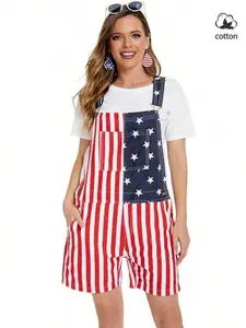 Lightweight Women's Flag Print Overalls Shorts with Pockets, Patriotic Star & Stripe Pattern, Casual Summer Party Wear, Couple Style, Streetwear, Independence Day