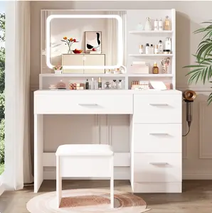 Vanity Set with Stool,Smart LED Mirror Makeup Vanity Set with Power Outlet,Vanity Dressing Table for Bedroom,White
