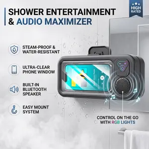 IPX7 Waterproof Shower Phone Stand with Bluetooth Speaker, 360° Rotatable Touch Screen Wall Mount Holder for Bathroom