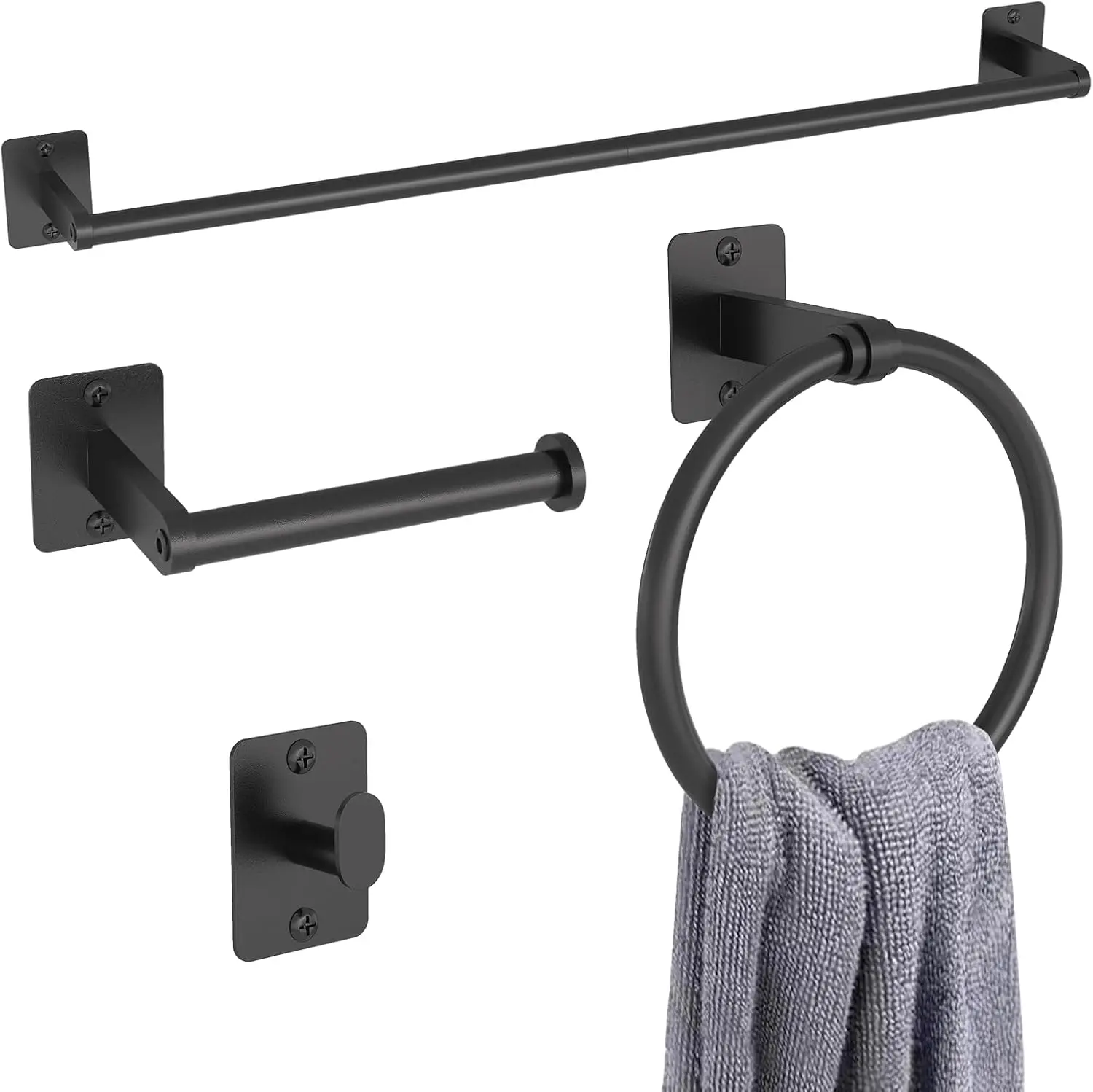 Matte Black Bathroom Accessories Set, 4-Piece Bathroom Hardware Set, 24-Inch Towel Bar, Bathroom Towel Rack, Robe Hook, Wall-Mounted Toilet Paper Holder