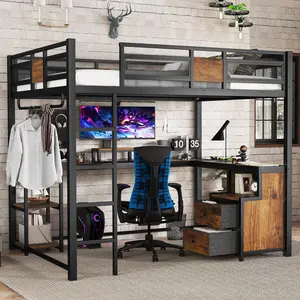 Queen Size Loft Bed with Desk and Storage Drawers, Metal Queen Loft Bed Frame with Computer Monitor Stand, Corner Shelf and Hanger Rod, Adults Loft Beds Frame, Black