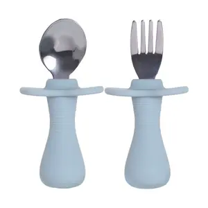 Baby Silicone Fork Spoon Set, Stainless Steel Training Short Fork Spoon, Portable Child Cutlery Kit, One Color Per Set, 1-5 People
