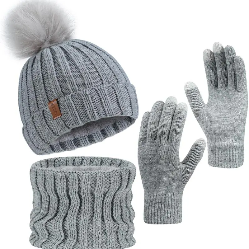 2026 NEW Women Winter Beanie Hat Scarf Gloves Set, Warm Fleece Knit Touch Screen Gloves, Double-Layered Brim, Ideal Gift for Thanksgiving 3 Pieces Touchscreen Gloves, Beanie Hat,and Scarf for Men's and Women's