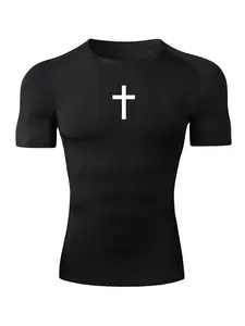 Sporty Men's Cross Print Round Neck Raglan Sleeve Sports Tee, Quick Drying Breathable Short Sleeve Crew Neck T-Shirt for Gym Workout Running, Casual Sporty Summer Top for Men