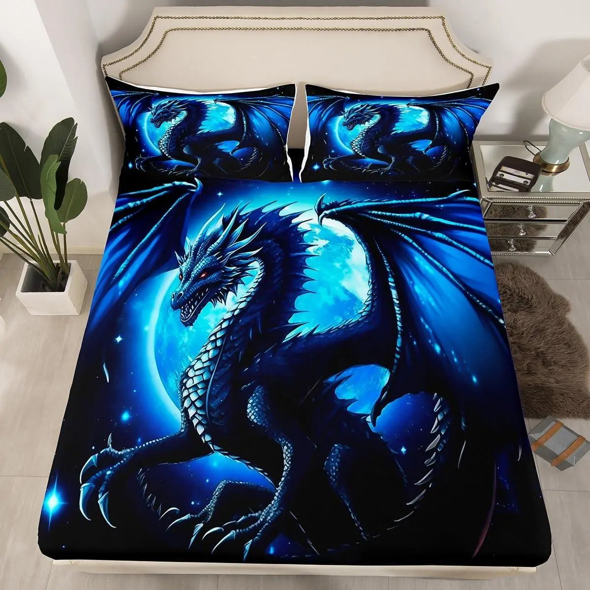 Dragon Fitted Sheet,Starry Sky Moon Night Bedding Set for Kids Boys Teens Men Room Decor,3D Animals Bed Sheet Western Dragon Black Blue Deep Pocket Sheet