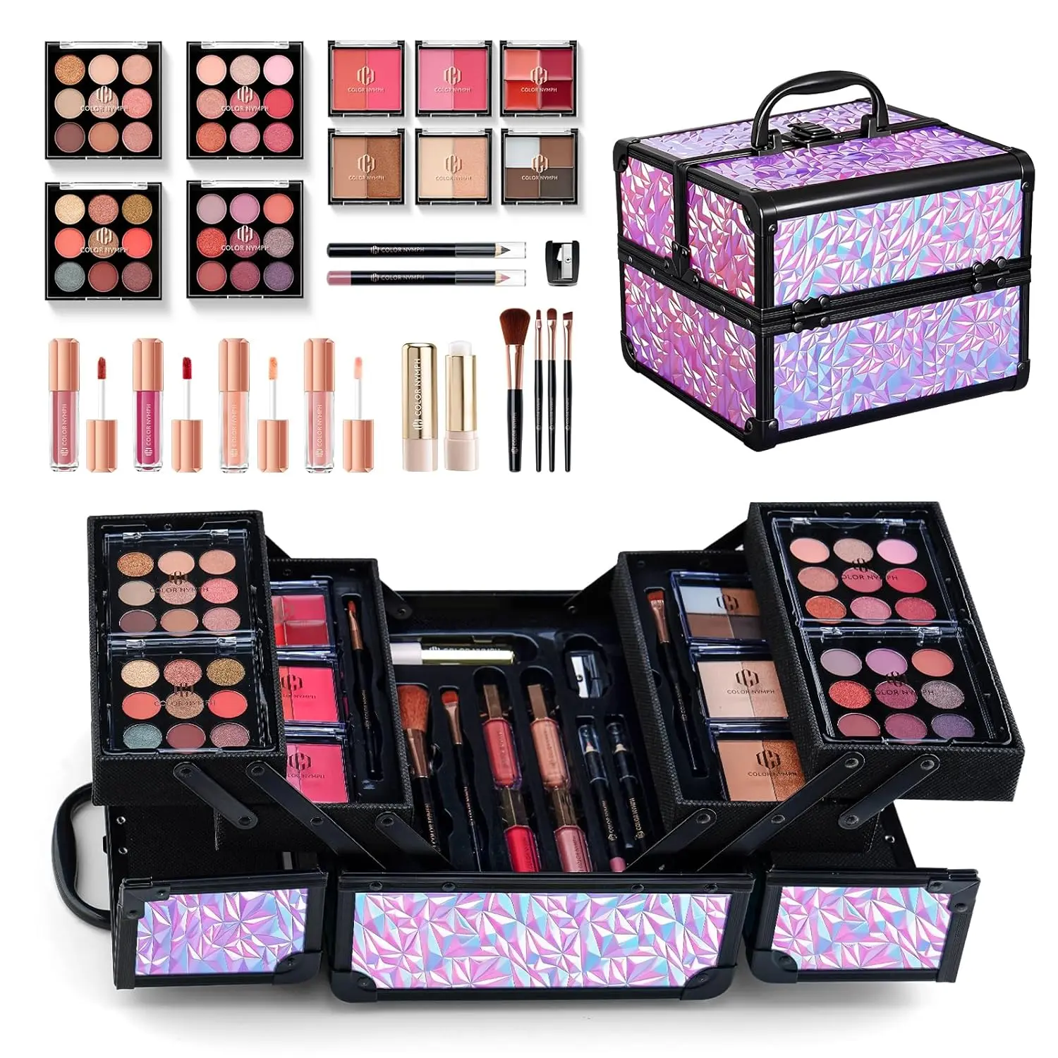 All In One Makeup Kit Comestics Gifts for Girls Teens, Travel Makeup Set 4 Trays Train Case for Beginner Includes Eyeshadow Highlighter Lipgloss Blush Concealer Brush Eyeliner Lipbalm