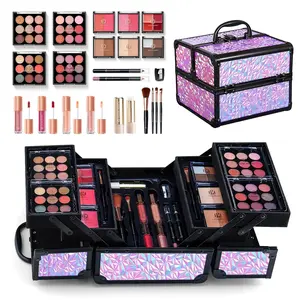 All In One Makeup Kit Comestics Gifts for Girls Teens, Travel Makeup Set 4 Trays Train Case for Beginner Includes Eyeshadow Highlighter Lipgloss Blush Concealer Brush Eyeliner Lipbalm