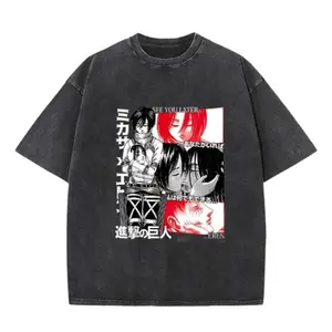 Vintage Attack on Titan Mikasa & Eren Manga Panel Graphic Tee, Black Acid Wash Oversized Crew Neck T-Shirt, Unisex Anime Lover Gift for Friends & AOT Fans