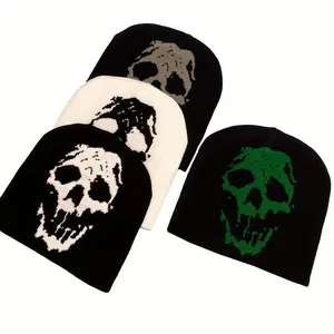 Y2K Skull Print Women's Acrylic Knit Beanie Elastic Jacquard Winter Skull Cap 100% Acrylic in Black White & Green Trendy Cozy Accessory for Versatile Style