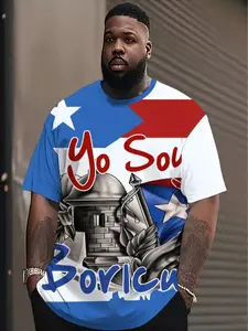 Men's Large Size Puerto Rican Theme 3D Print Geometric T-Shirt, Casual Streetwear Round Neck Polyester Tee, Slight Stretch Regular Fit Knit Fabric, Tops