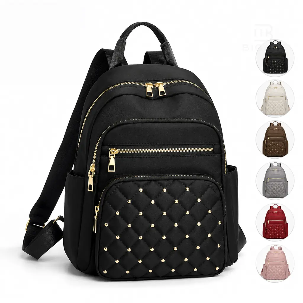 Women's Chic Plain Canvas Backpack - Quilted Embroidery, Rivet Accents, Water-Resistant, Full-Zip Front, Multiple Pockets, Adjustable Straps, Daily Functional Unisex Luggage Bag (Backpacks for Women)