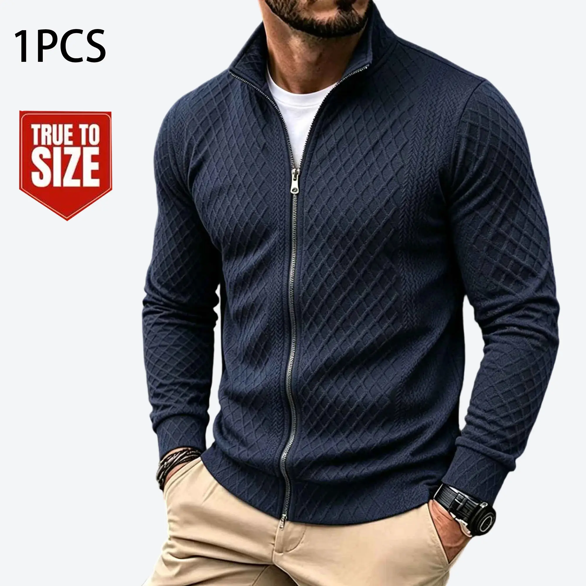 Men’s navy blue diamond jacquard knit zip jacket with stand collar and long sleeves; light business-style ribbed cuff knit cardigan for autumn/winter outerwear.