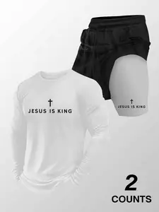 Men's "Jesus Is King" 2-Piece Activewear Set - White Long Sleeve Tee & Black Compression Lined Shorts