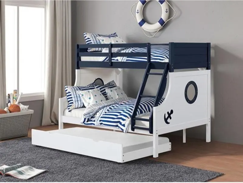 Nautia Twin-Over-Full Nautical-Themed Bunk Bed with Sturdy Ladder and Fun Boat Design