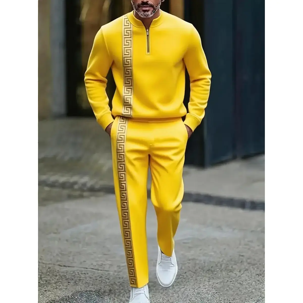 Men's European American-Style Sportswear Set Half-Zip Top & Matching Trousers Golden Greek Fretwork Design Comfortable Fabric for Daily Streetwear Casual Sporty Set Jogging Set