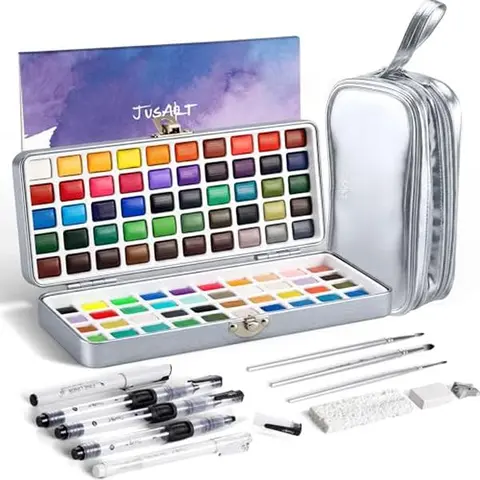 50-Color Eco-Friendly Watercolor Paint Set with Metallic Color, Detail Brushes, Water Brush Pens, Portable Travel Kit for Artists, Art Kits, Gift Bags, Holiday Decor Office Art Supplies
