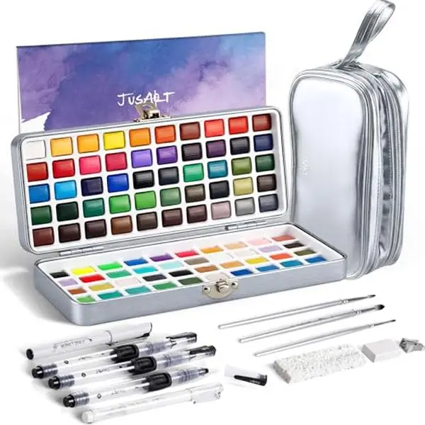 50-Color Eco-Friendly Watercolor Paint Set with Metallic Color, Detail Brushes, Water Brush Pens, Portable Travel Kit for Artists, Art Kits, Gift Bags, Holiday Decor Office Art Supplies