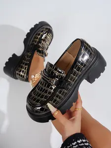 Women's Crocodile Texture Thick Sole Platform Loafers, Metal Trim Chunky Heel Slip-On Leather Shoes, College Style Casual Footwear